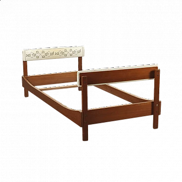 Teak single bed with upholstered headboard and footboard covered in fabric, 1960s