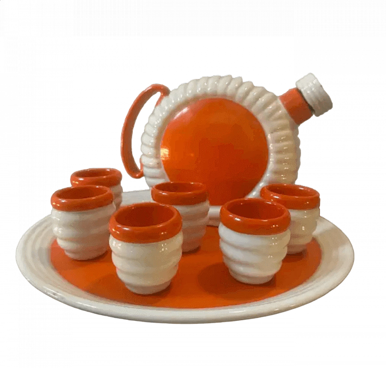 Servizio da liquore in ceramica arancione e bianca di Rometti Umbertide, anni '30 10