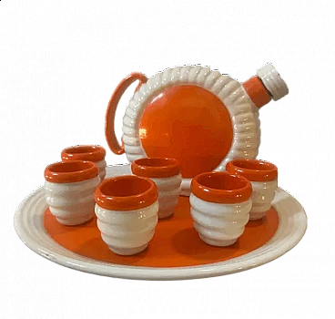 Servizio da liquore in ceramica arancione e bianca di Rometti Umbertide, anni '30