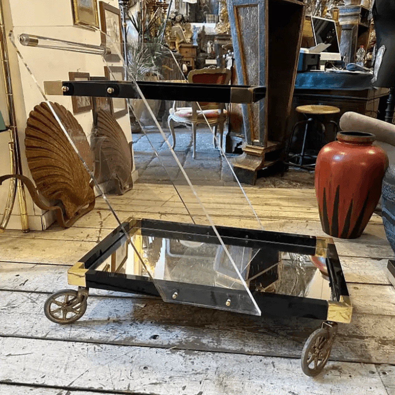 Lucite and brass bar trolley, 1960s 2