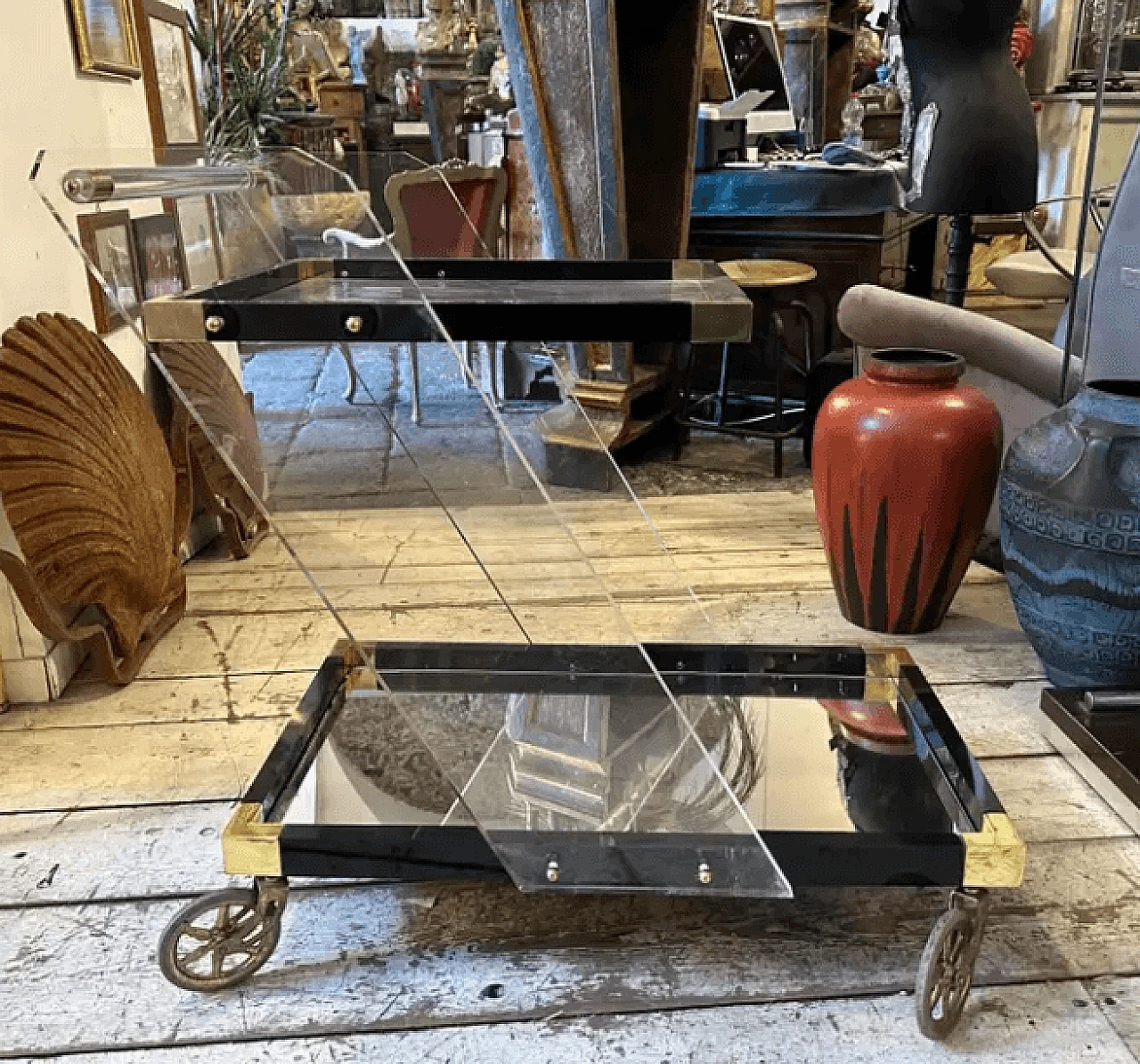 Lucite and brass bar trolley, 1960s 3