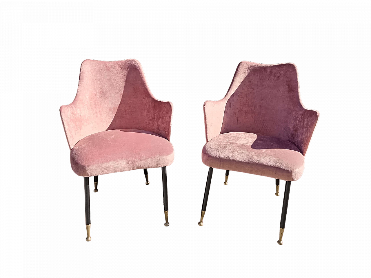 Pair of pink velvet and metal armchairs, 1950s 5