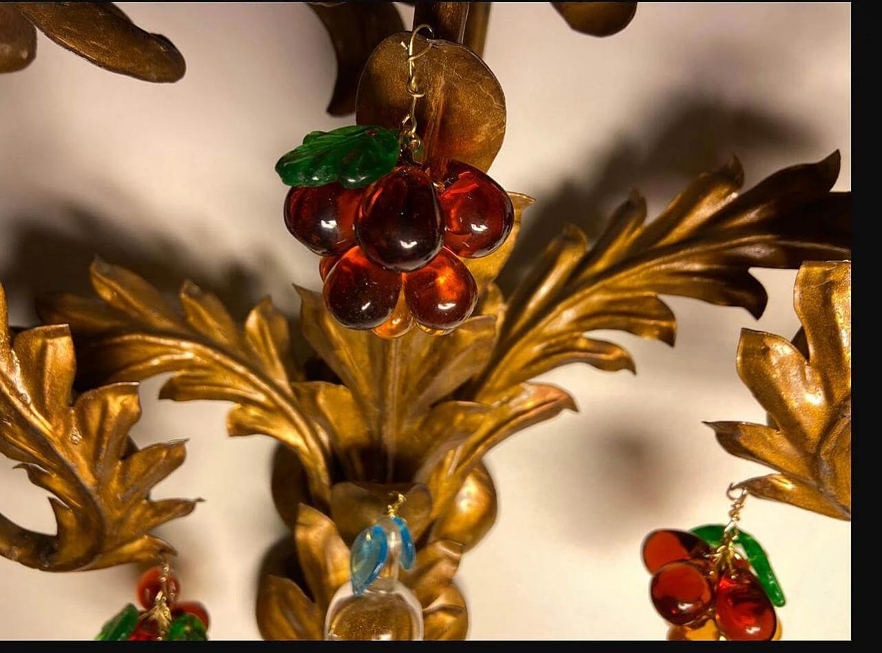 Gilded wall sconce with hanging fruit in Murano glass, 50s 2