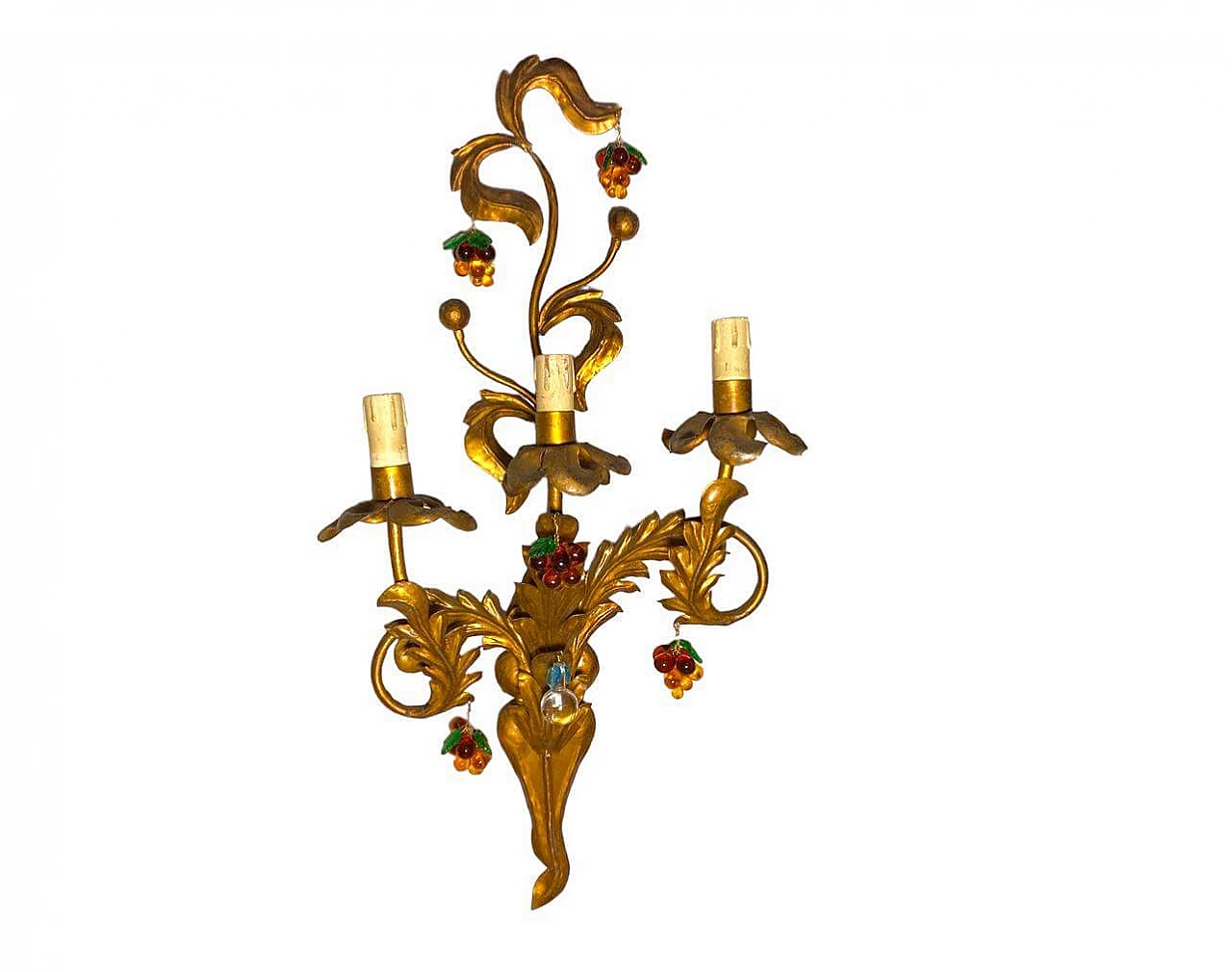 Gilded wall sconce with hanging fruit in Murano glass, 50s 4