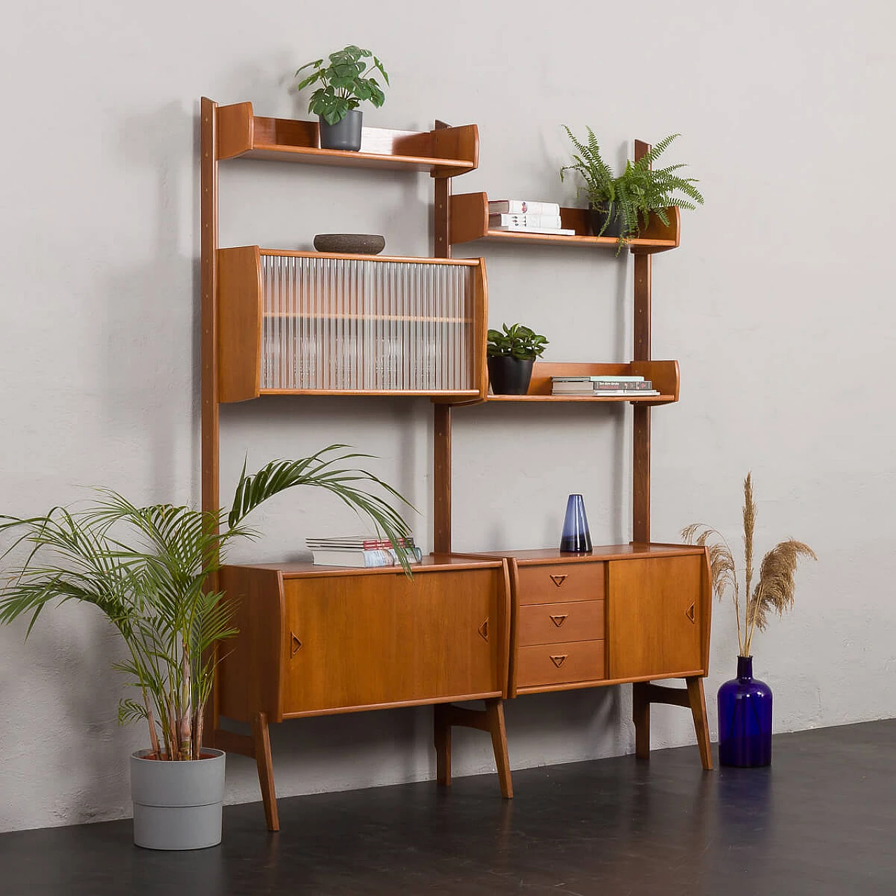 Scandinavian free standing wall unit in teak, 1960s 2