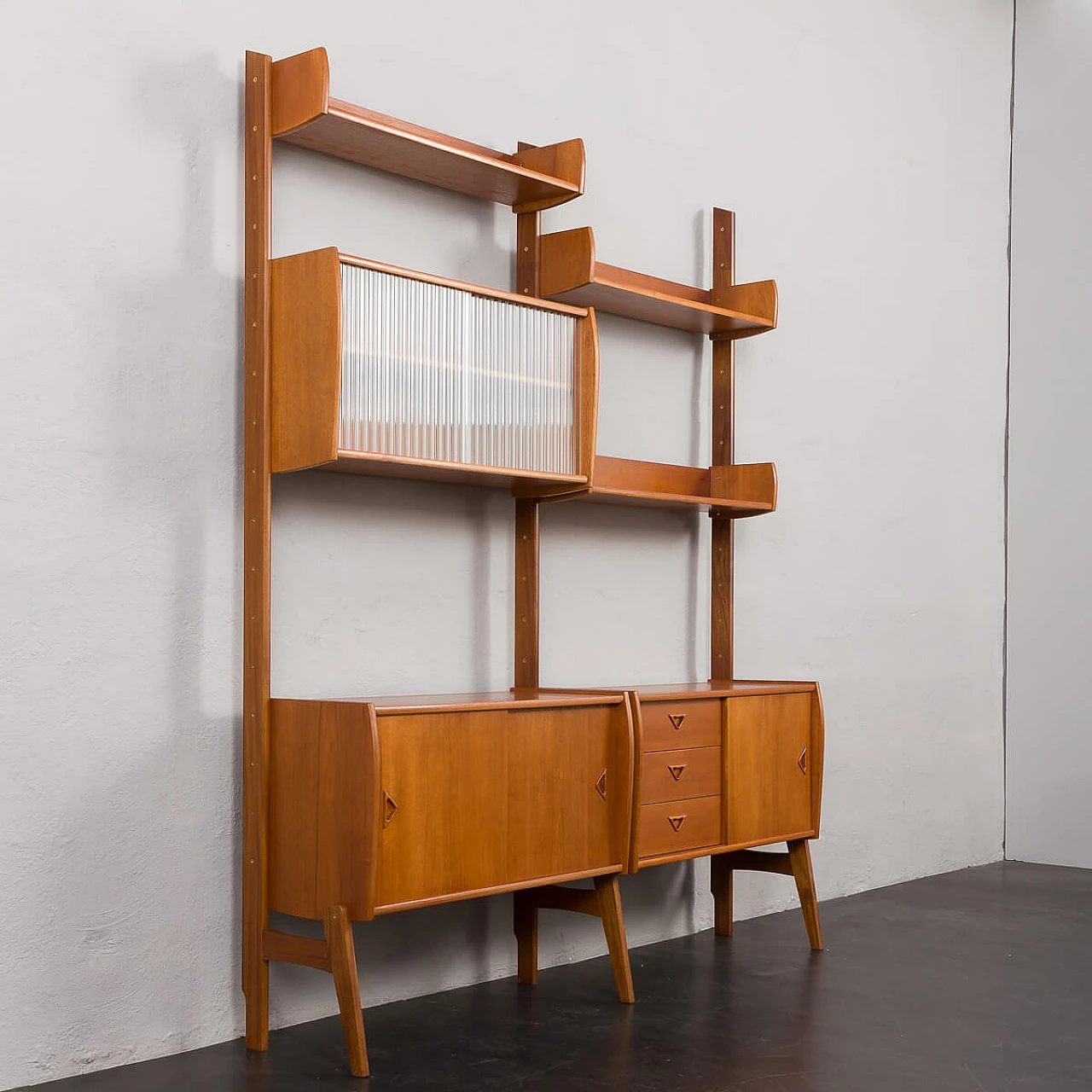 Scandinavian free standing wall unit in teak, 1960s 8