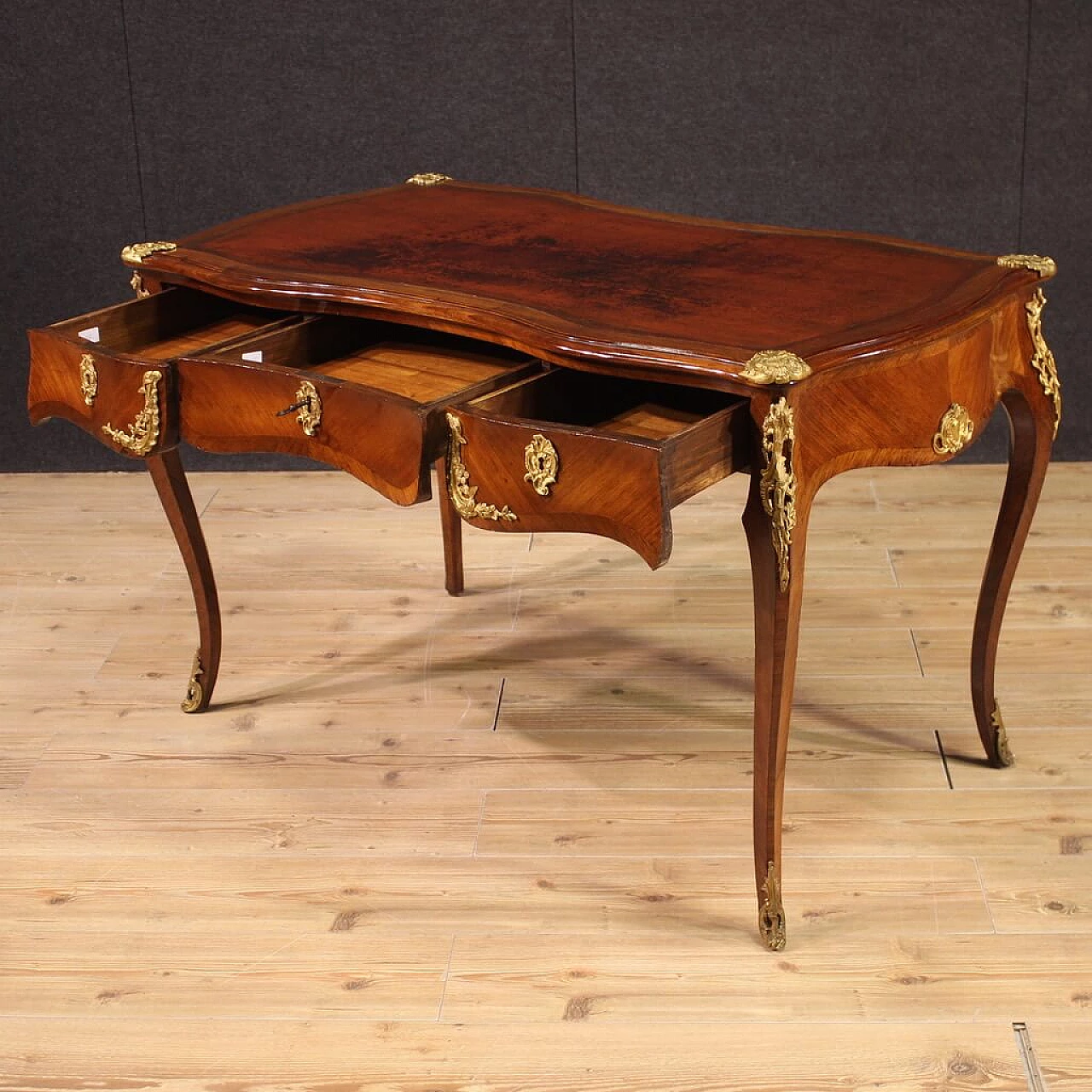French Napoleon III mahogany veneered writing desk, late 19th century 12