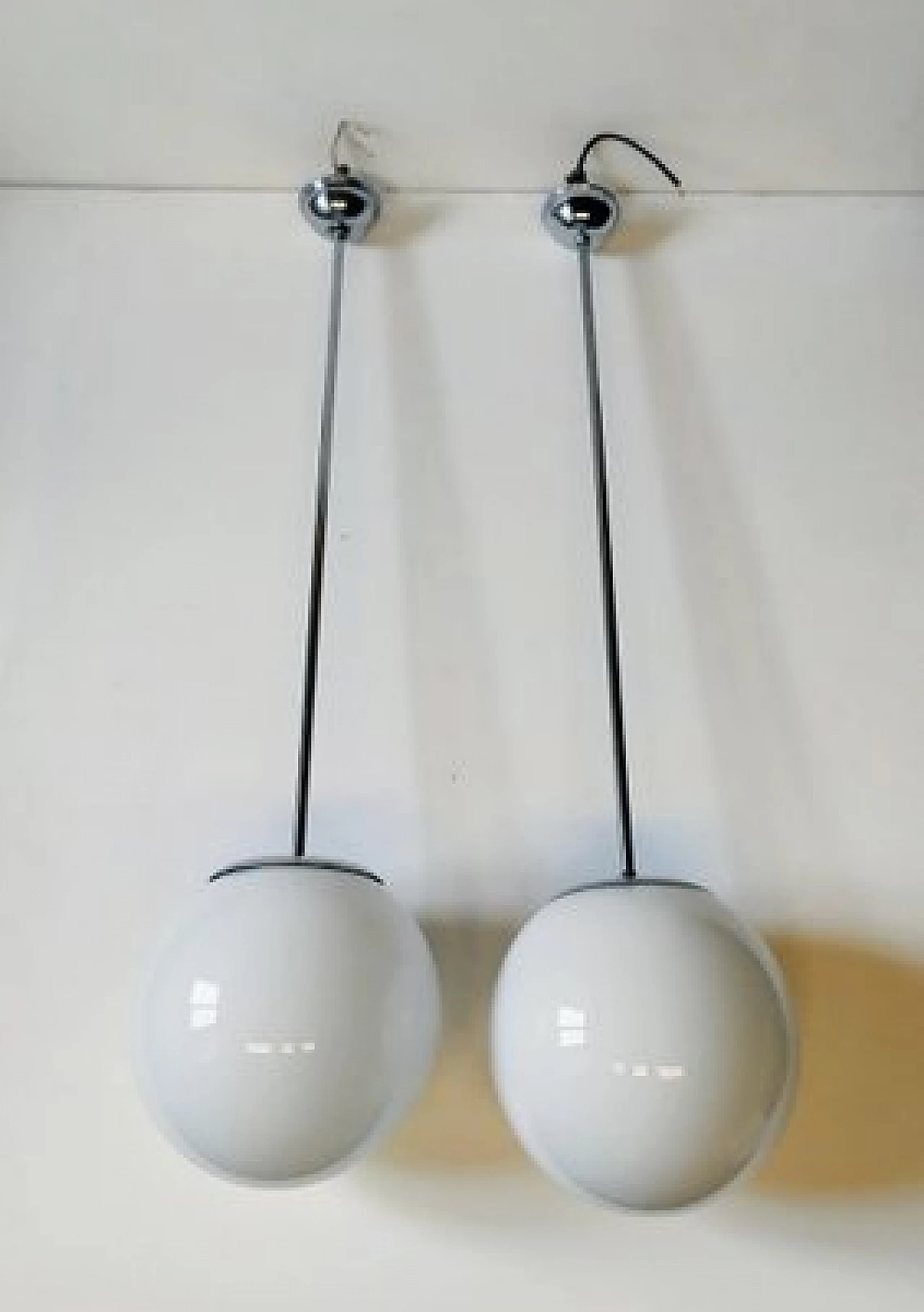 Pair of Bauhaus pendant lamps in chrome-plated metal and opaline glass, 1930s 1