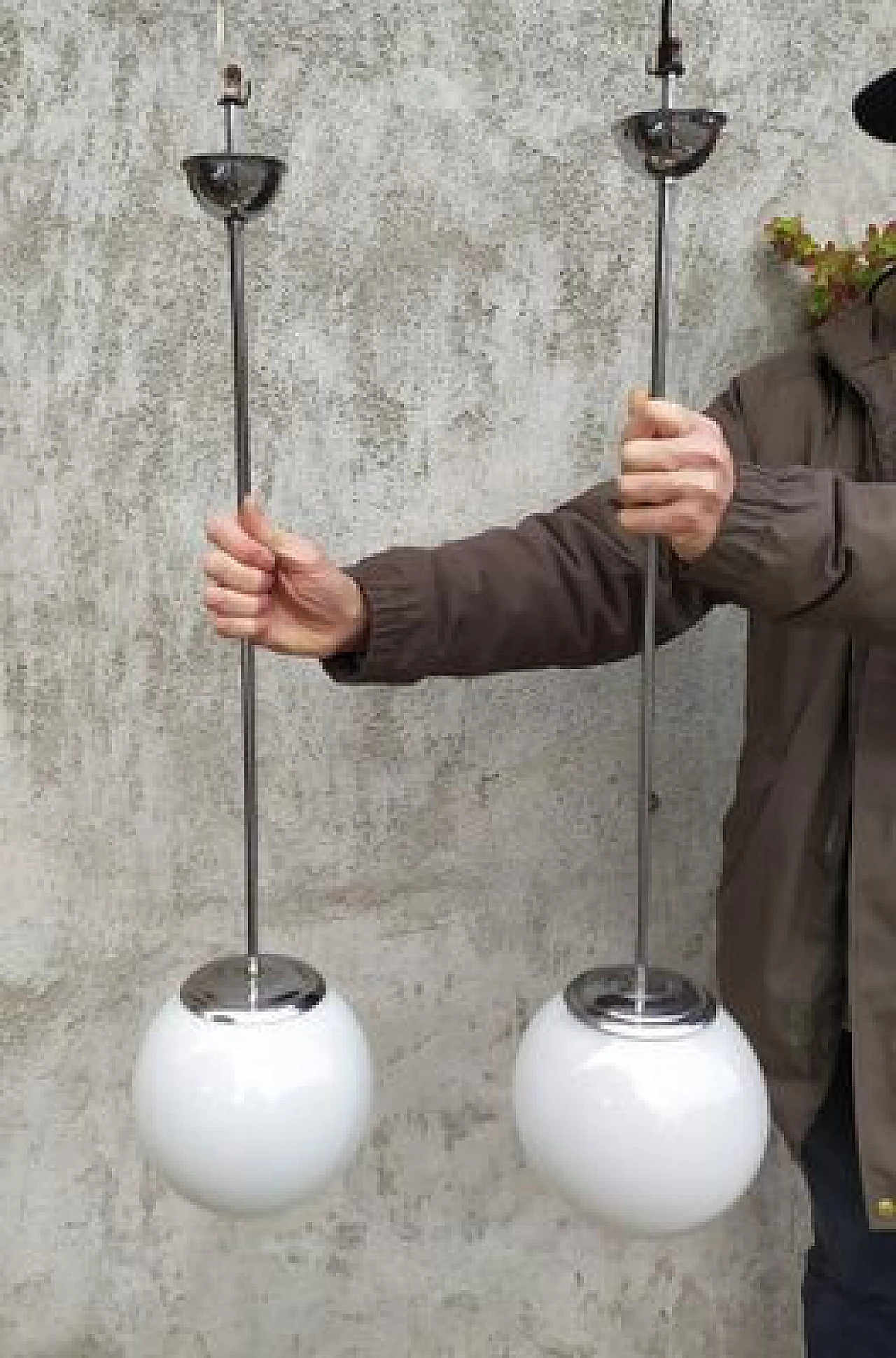 Pair of Bauhaus pendant lamps in chrome-plated metal and opaline glass, 1930s 2