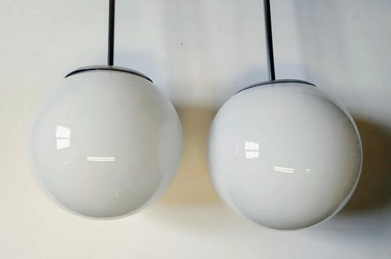 Pair of Bauhaus pendant lamps in chrome-plated metal and opaline glass, 1930s 5