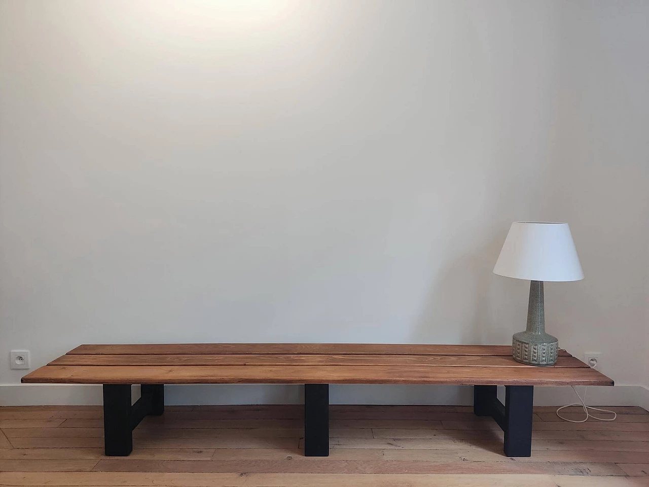 Panca francese in pino su gambe in legno nero, anni '50 1