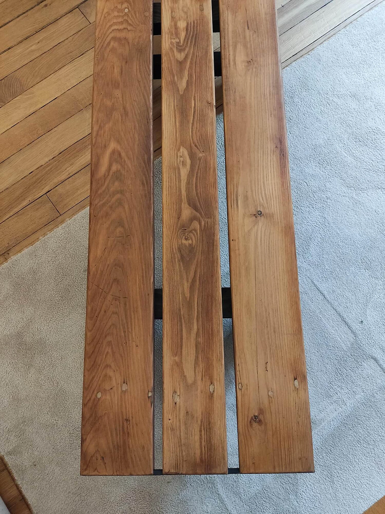 Panca francese in pino su gambe in legno nero, anni '50 5