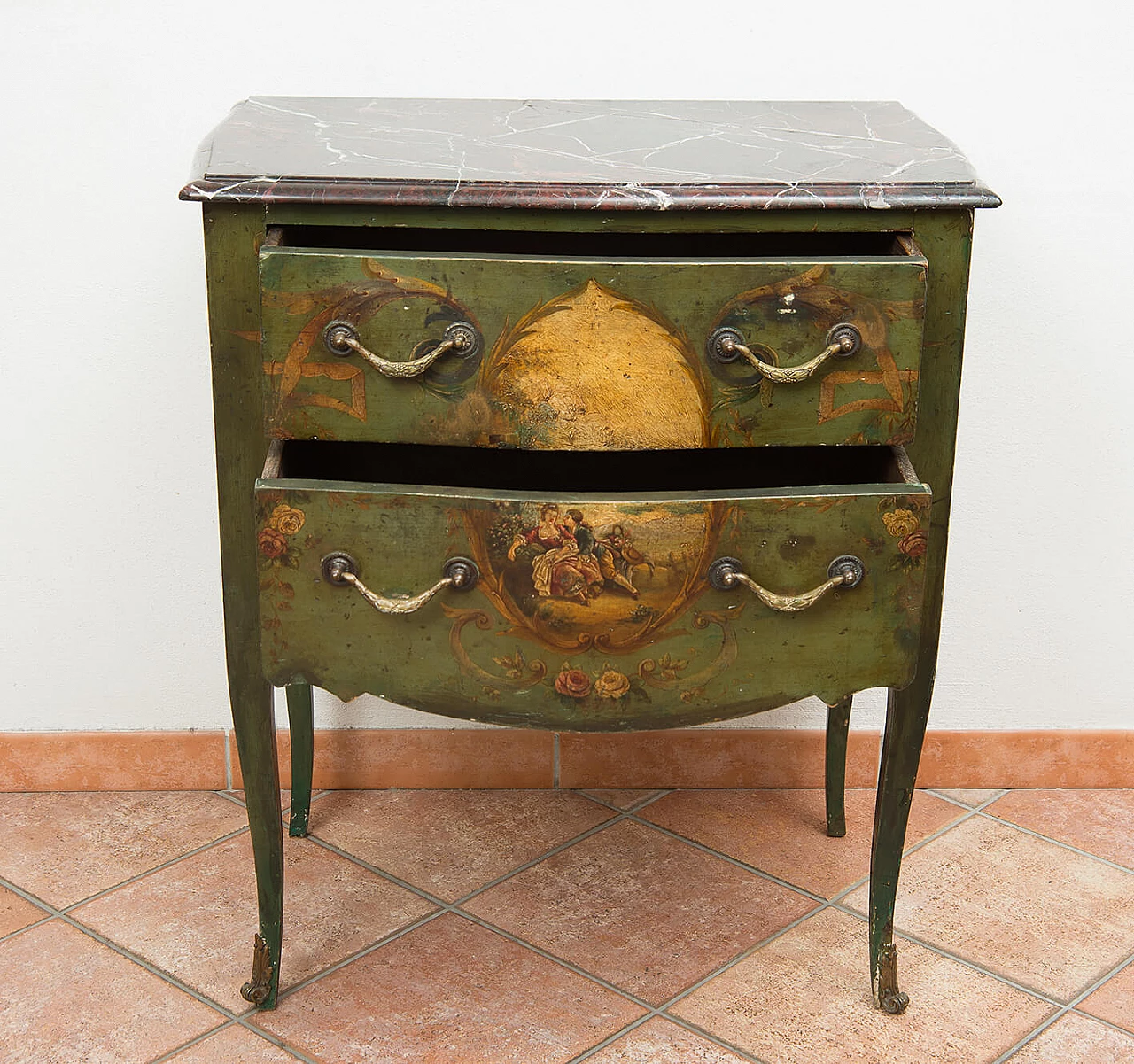 Louis XIV bedside table in lacquered and painted stamped wood, late 17th century 9