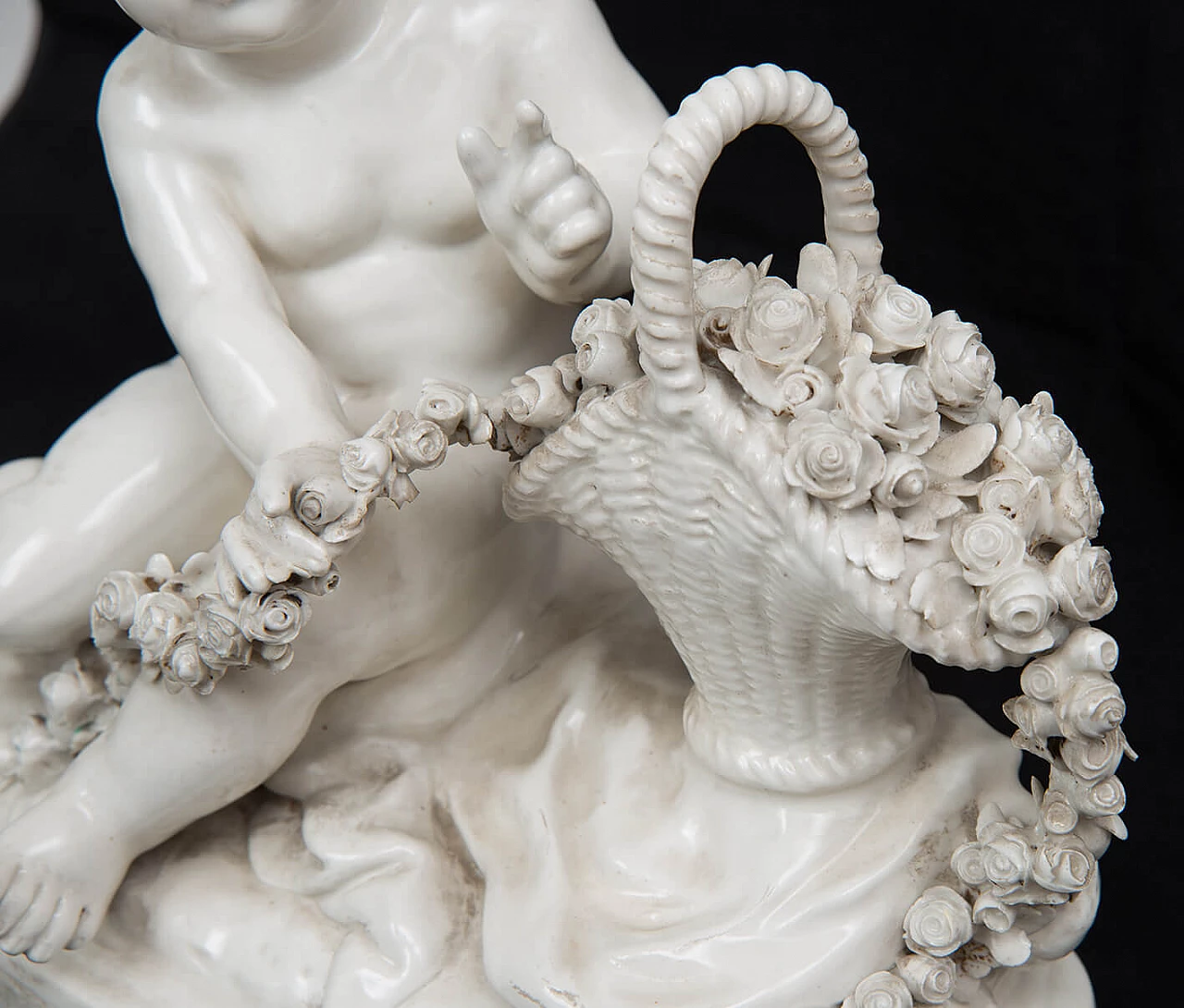 Putto with basket of flowers, Capodimonte porcelain sculpture, early 20th century 3