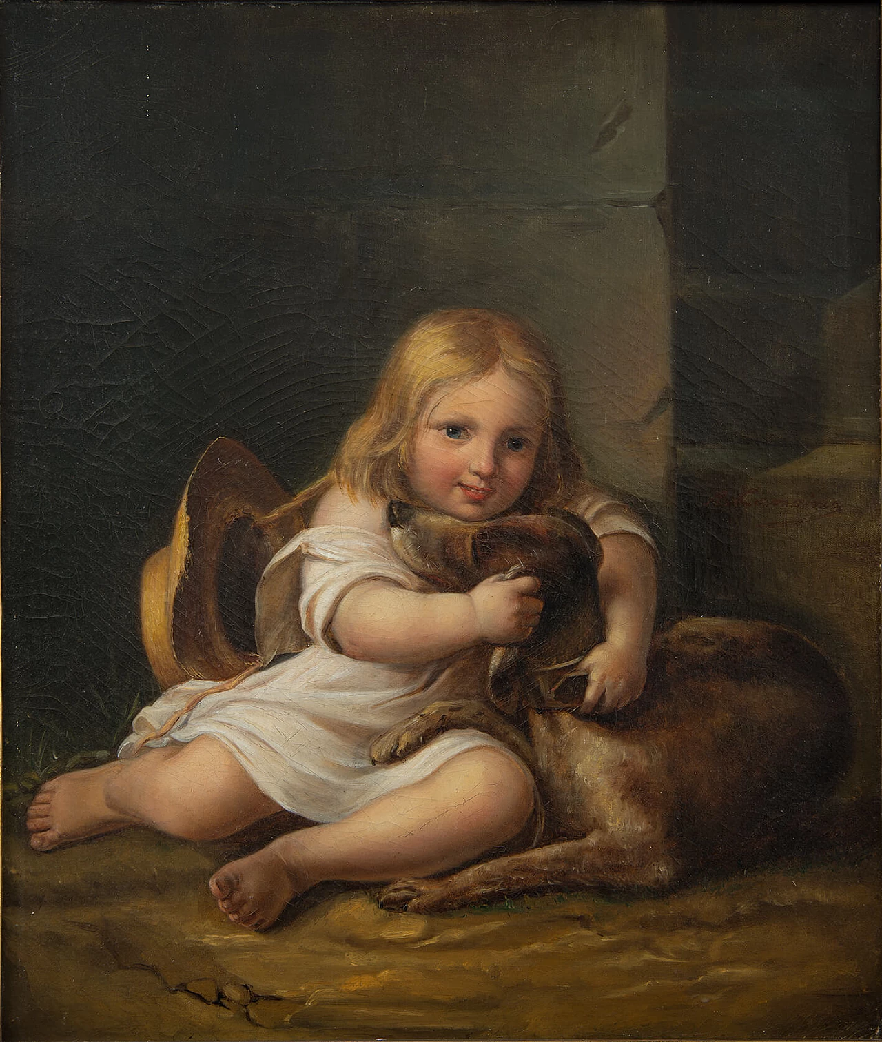 A. Lemoine, bambina con cane, dipinto a olio su tela, inizio '800 2