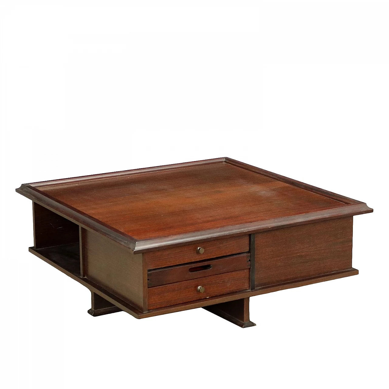 Exotic wood veneered coffee table with open compartments and drawers, 1970s 1