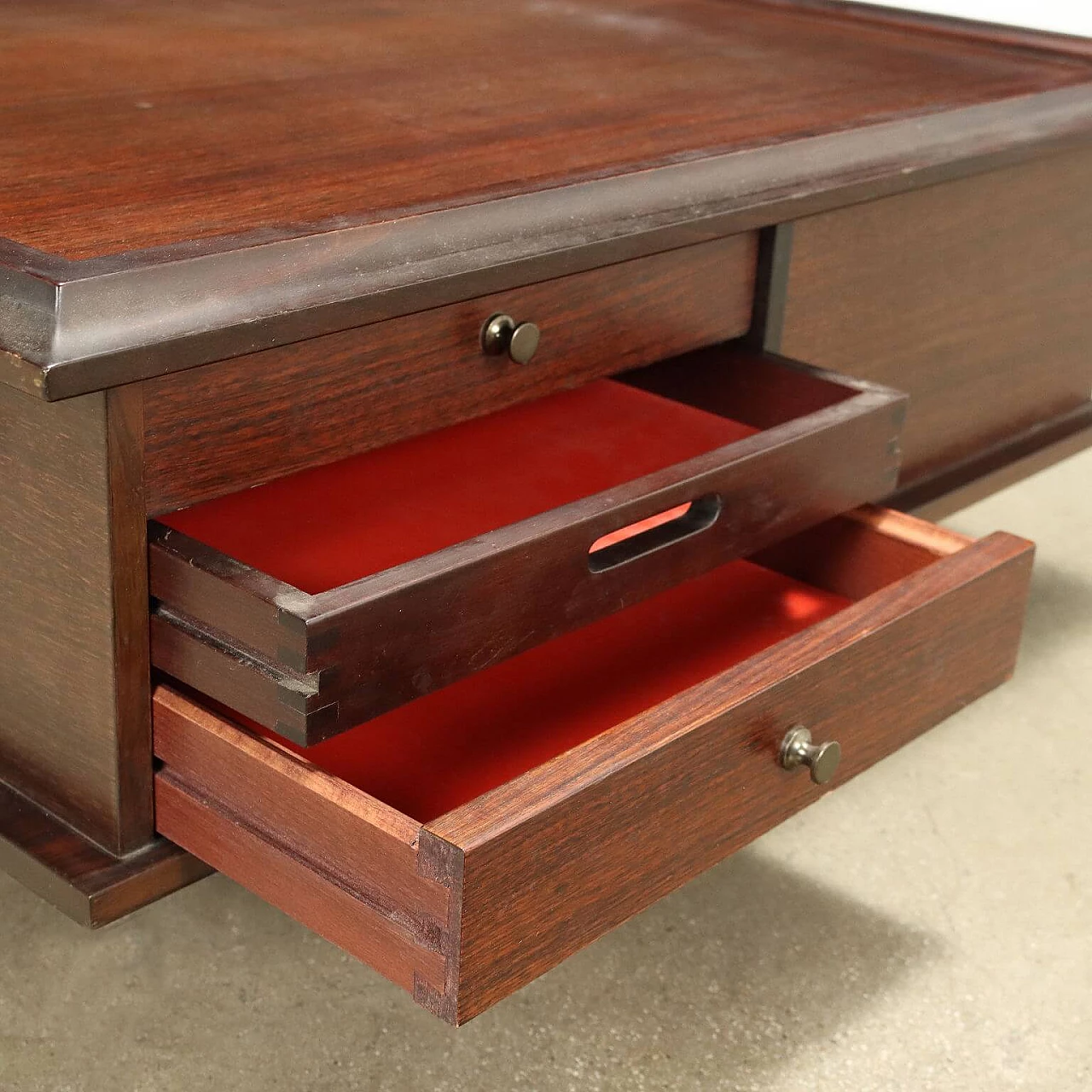 Exotic wood veneered coffee table with open compartments and drawers, 1970s 3