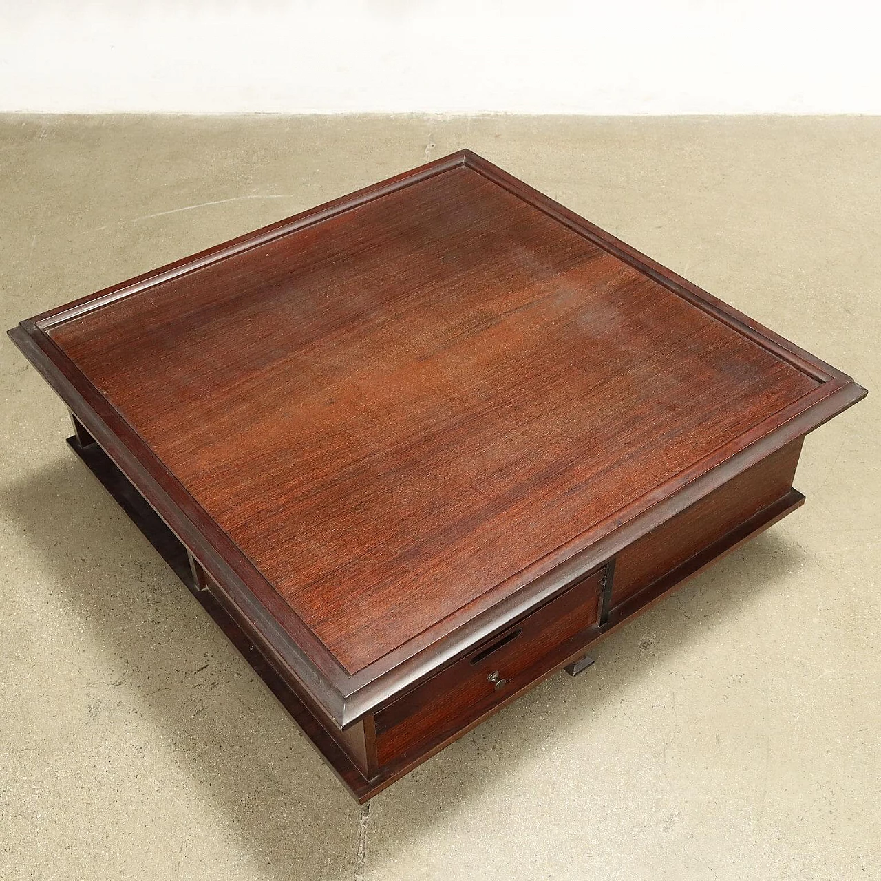 Exotic wood veneered coffee table with open compartments and drawers, 1970s 5