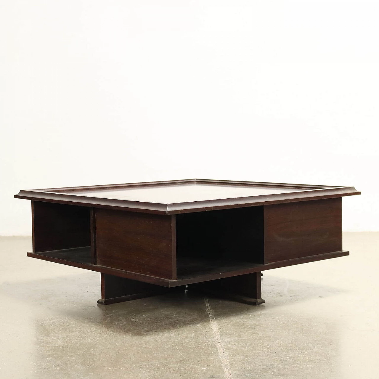 Exotic wood veneered coffee table with open compartments and drawers, 1970s 6