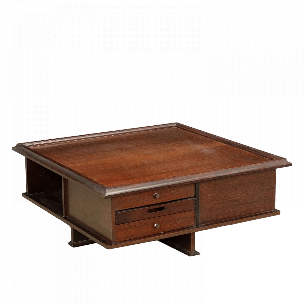 Exotic wood veneered coffee table with open compartments and drawers, 1970s 7