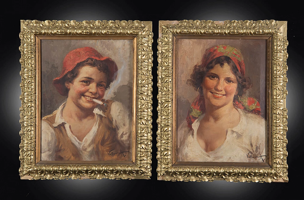 Antonio Vallone, young commoners, pair of oil paintings on canvas, early 20th century 1