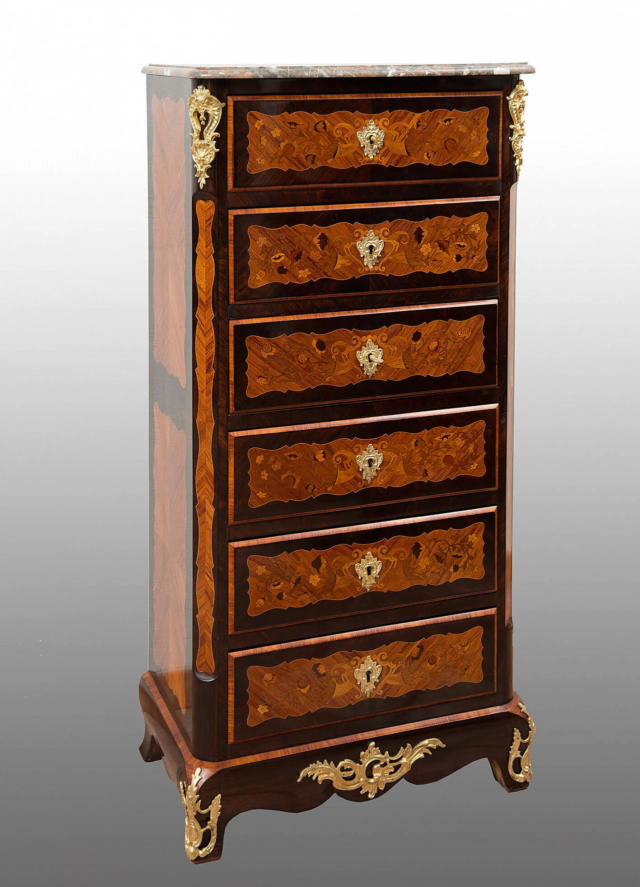 Napoleon III seven-drawers dresser in exotic woods with marble top, 19th century 1