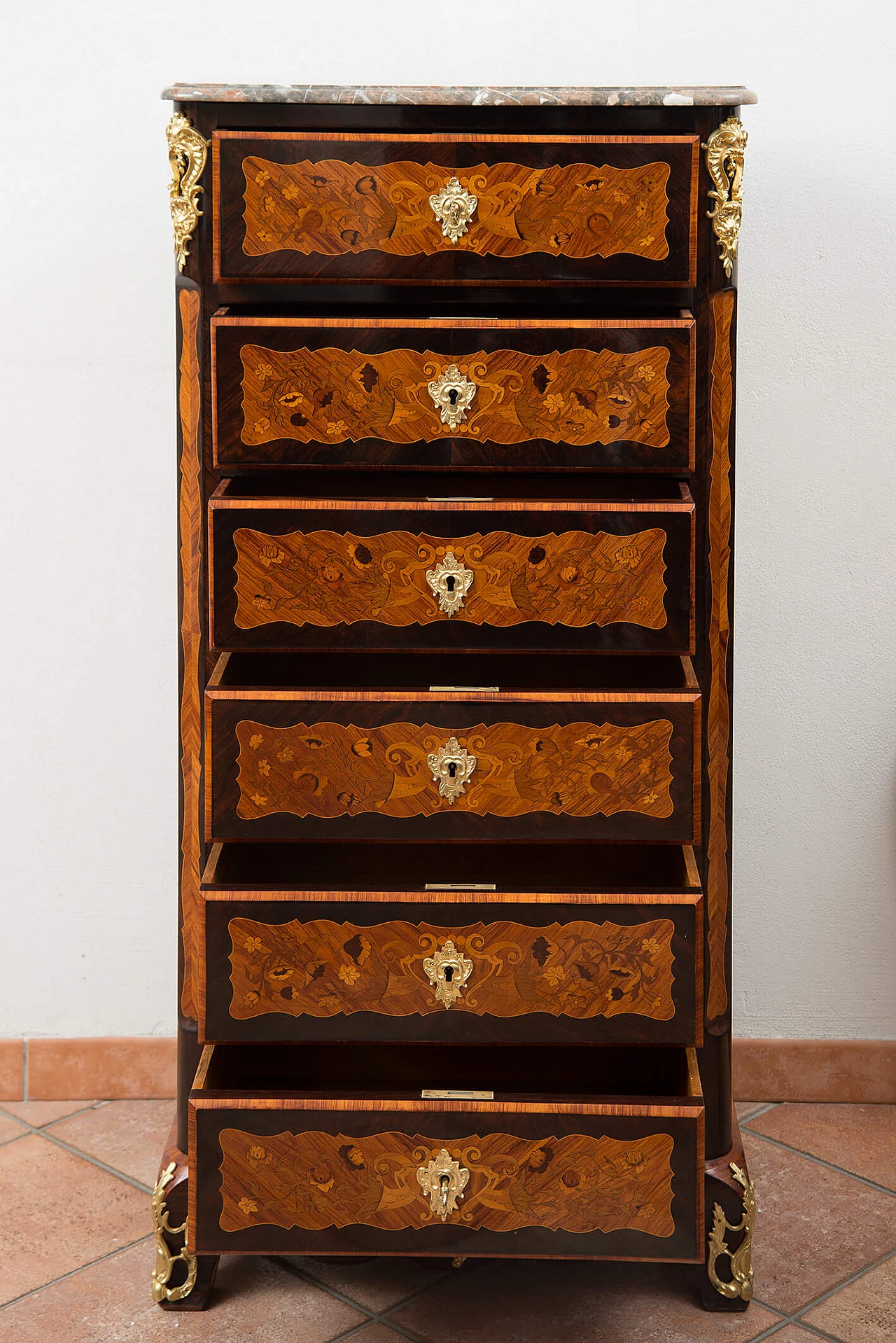 Napoleon III seven-drawers dresser in exotic woods with marble top, 19th century 7