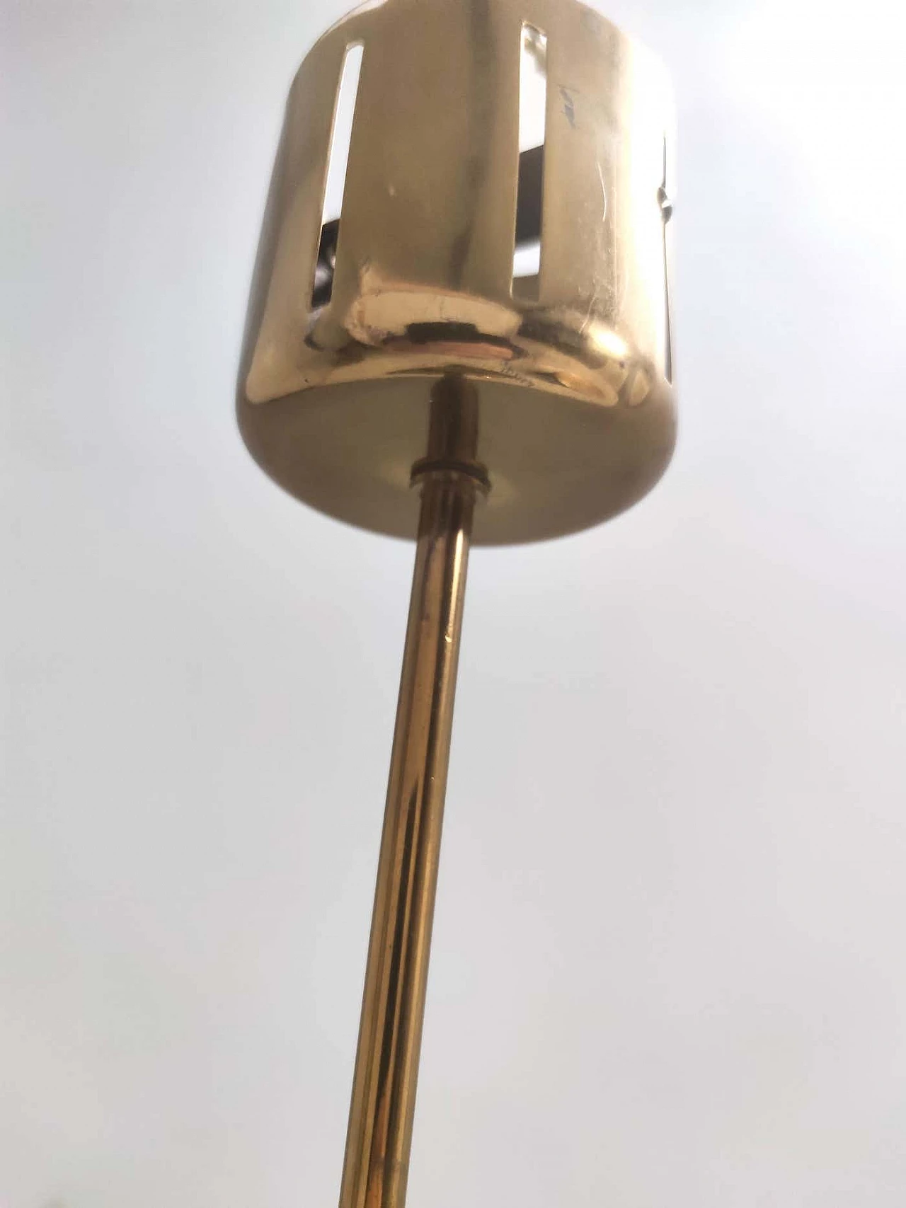 Enamelled opaline glass, teak and brass chandelier, 1960s 4