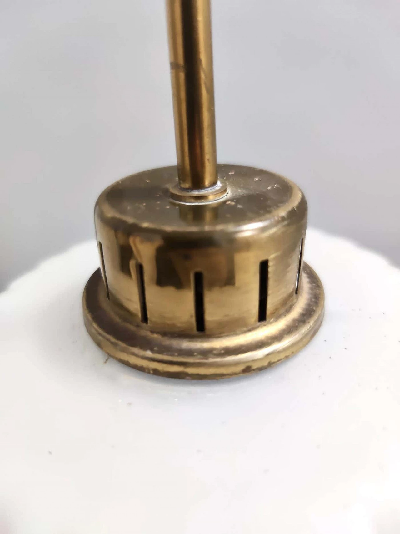 Enamelled opaline glass, teak and brass chandelier, 1960s 5