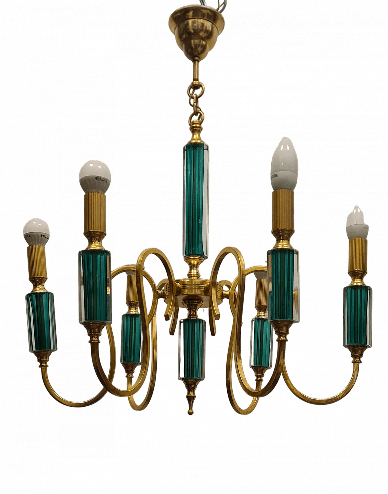 Six-light gilded metal and green submerged glass chandelier, 1980s 13