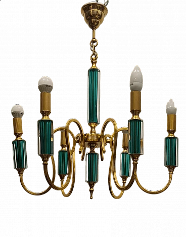 Six-light gilded metal and green submerged glass chandelier, 1980s