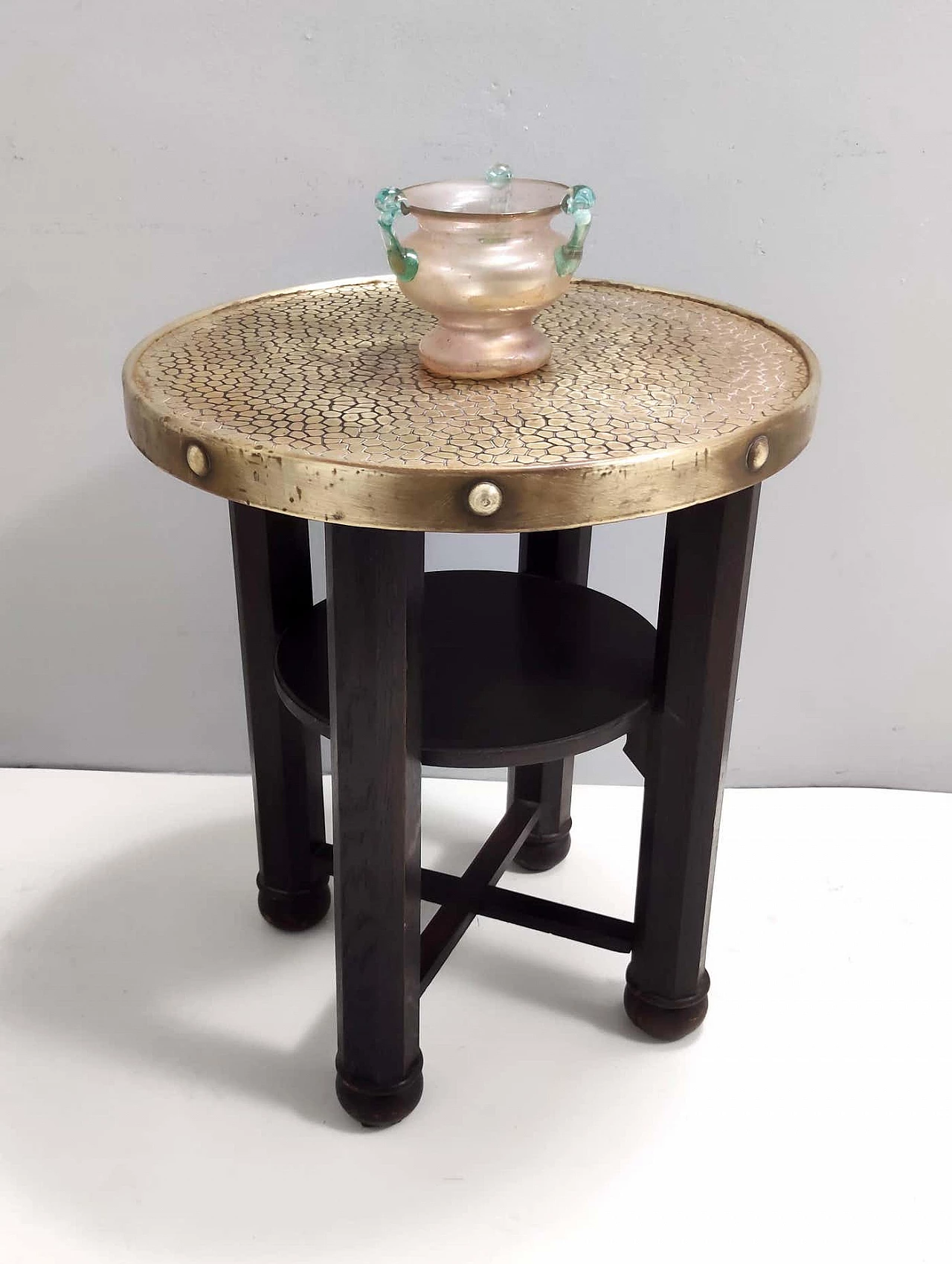 Durmast Secessionist coffee table with round brass top, 1920s 7