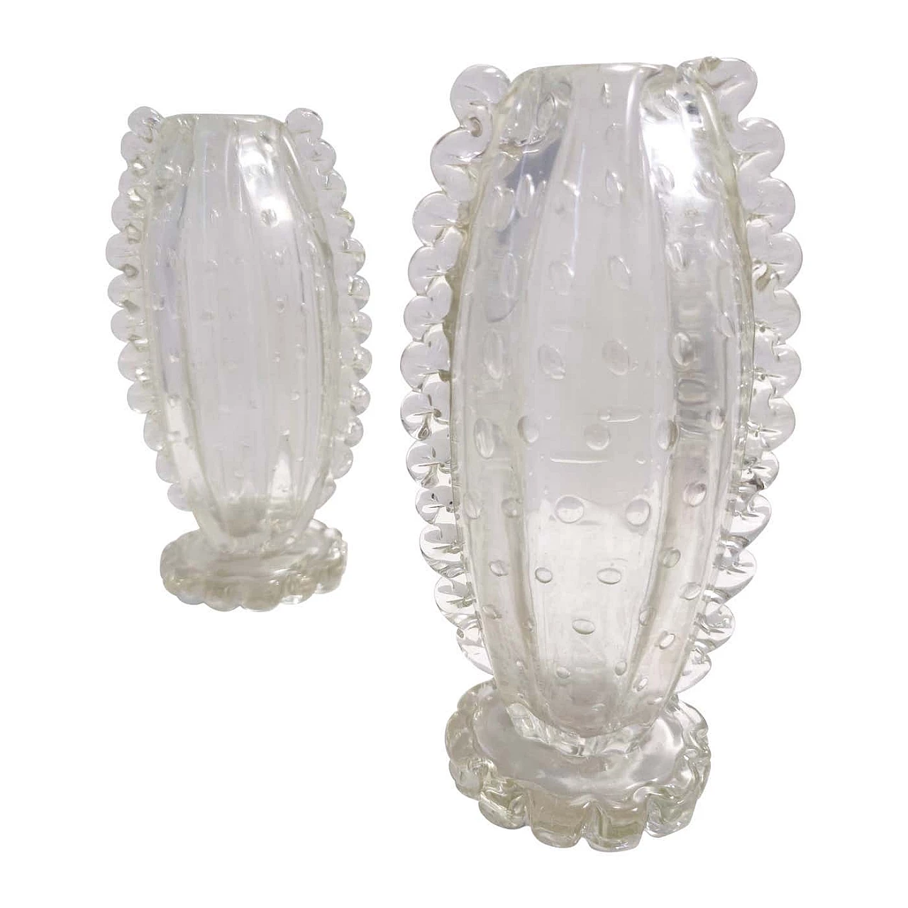 Pair of transparent Bullicant Murano glass vases by Ercole Barovier, 1930s 1