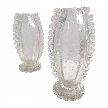 Pair of transparent Bullicant Murano glass vases by Ercole Barovier, 1930s