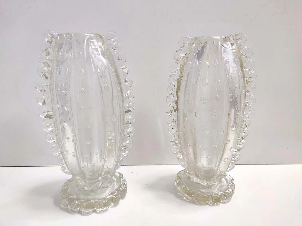 Pair of transparent Bullicant Murano glass vases by Ercole Barovier, 1930s 9