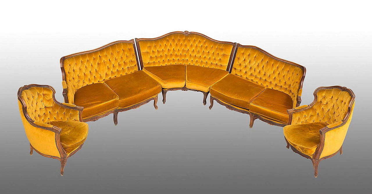 Divano ad angolo con coppia di poltrone in massello di noce in stile Luigi XV, anni '40 1