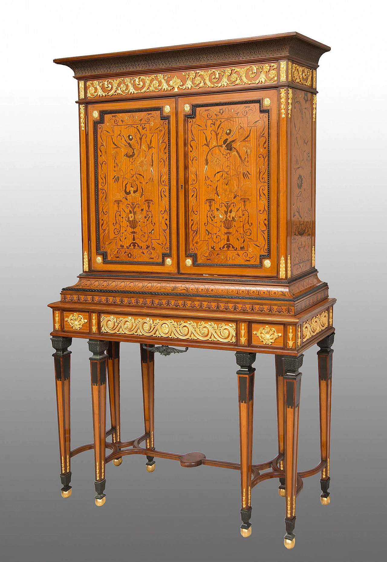 Double-bodied sideboard in exotic woods with gilded bronze grafts, early 20th century 1