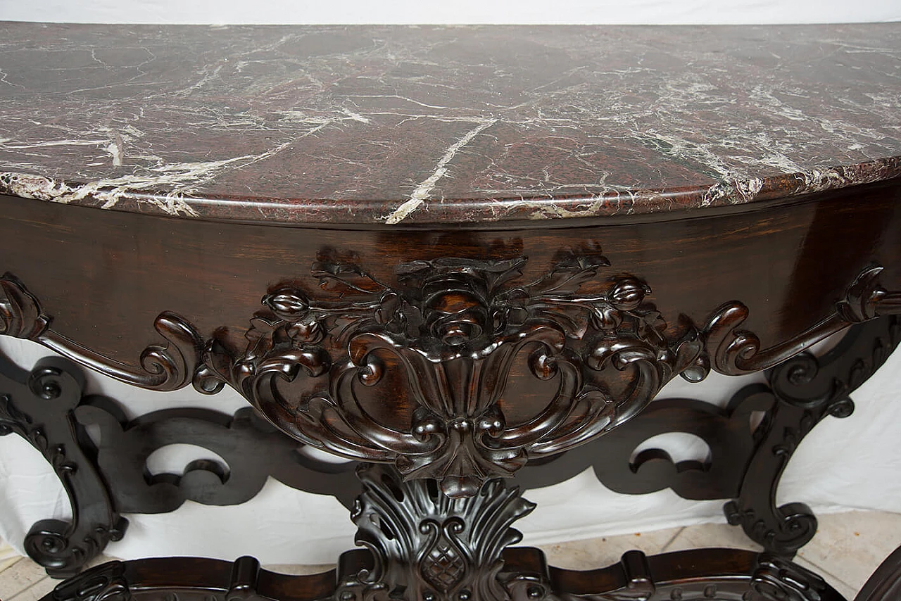 Consolle Luigi Filippo napoletana in legno esotico con piano in marmo rosso Levanto, '800 2