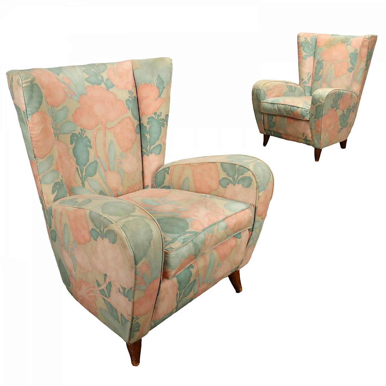 Pair of fabric bergère armchairs, 1950s 1