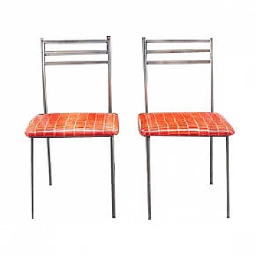 Pair of iron chairs with wooden tips and leather seats, 1960s