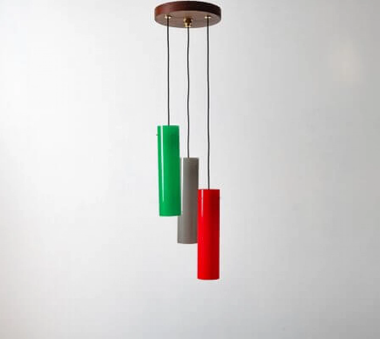 Brass and red, grey and green glass ceiling lamp, 1950s 1