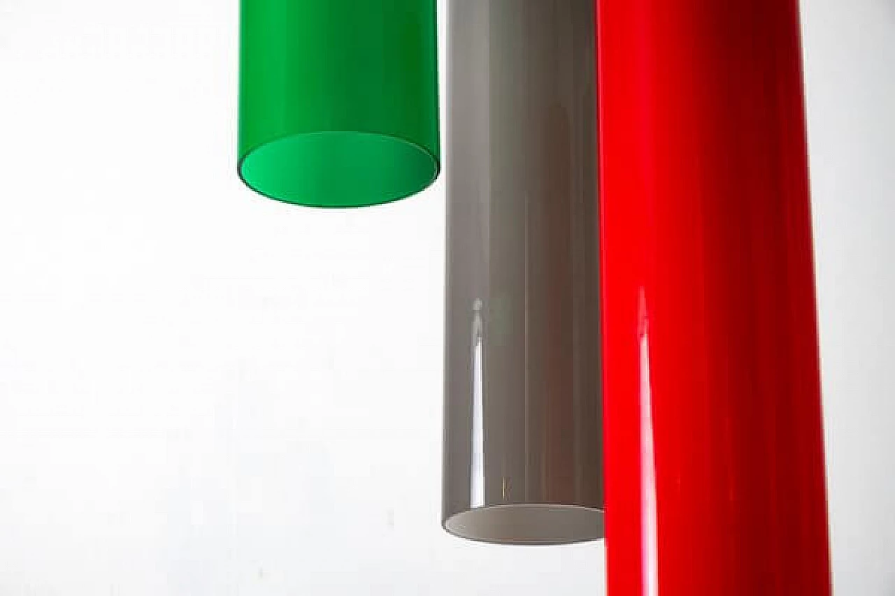 Brass and red, grey and green glass ceiling lamp, 1950s 5