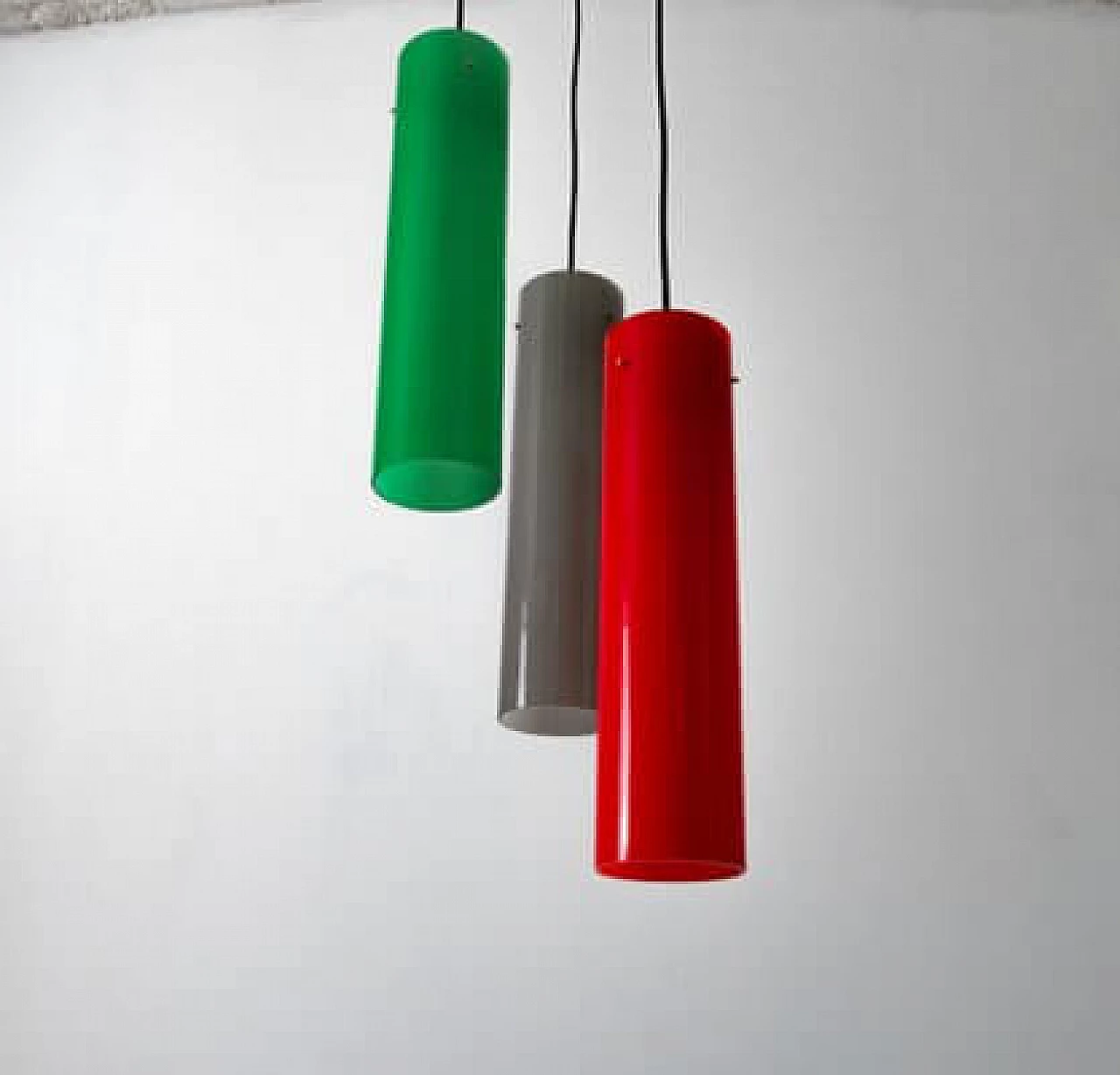 Brass and red, grey and green glass ceiling lamp, 1950s 6