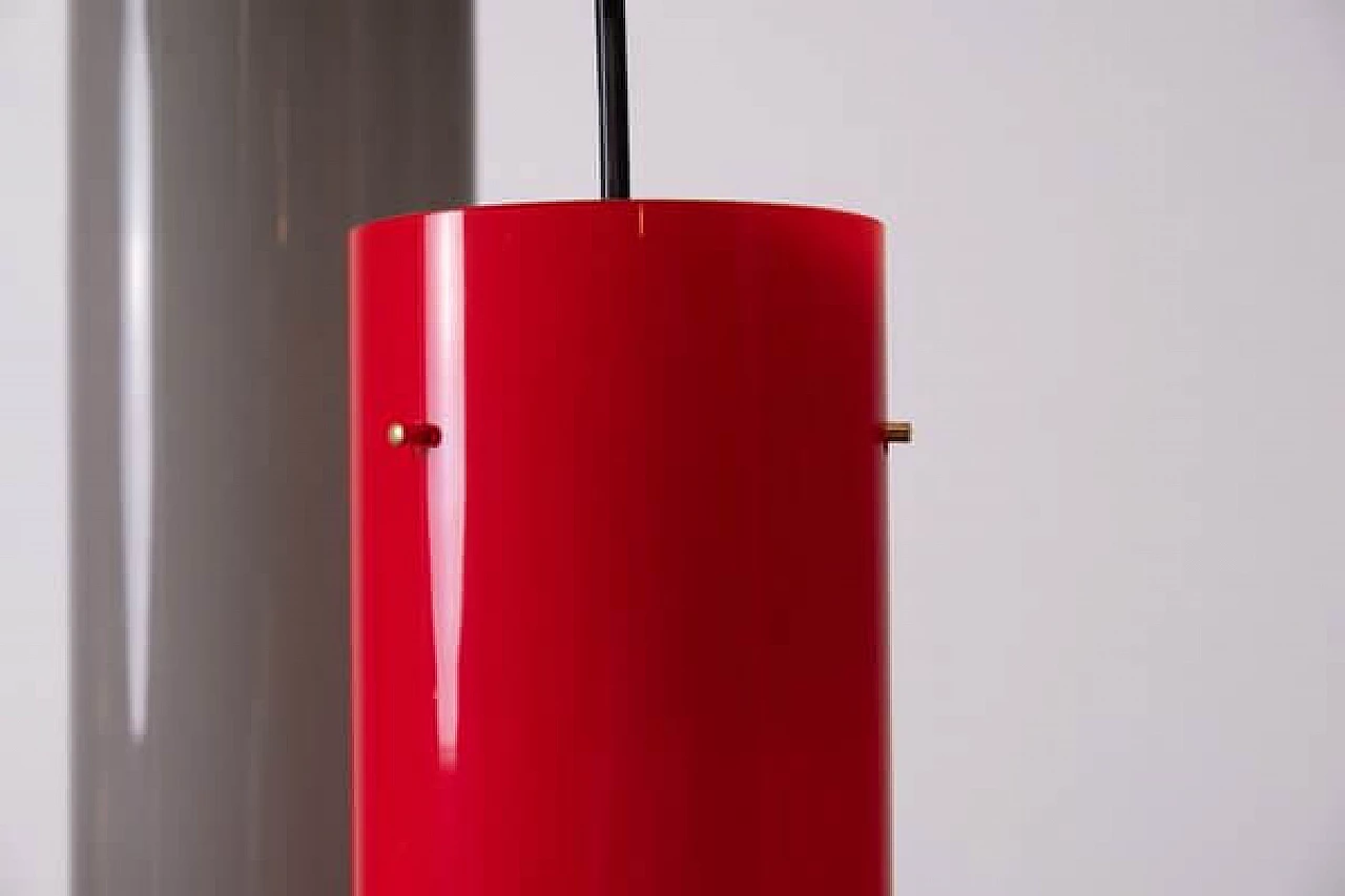 Lampada da soffitto in ottone e vetro rosso, grigio e verde, anni '50 8