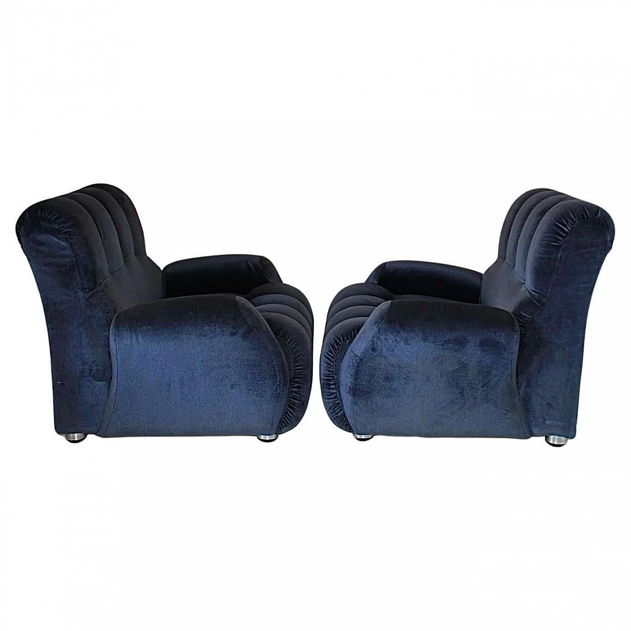 Pair of blue velvet armchairs, 1980s 5