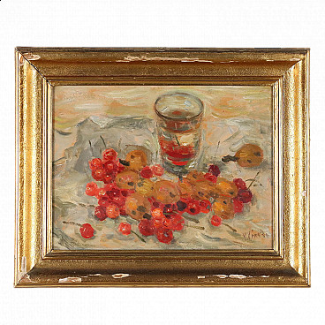 Vincenzo Ciardo, natura morta con ciliegie e nespole, dipinto a olio su tavola