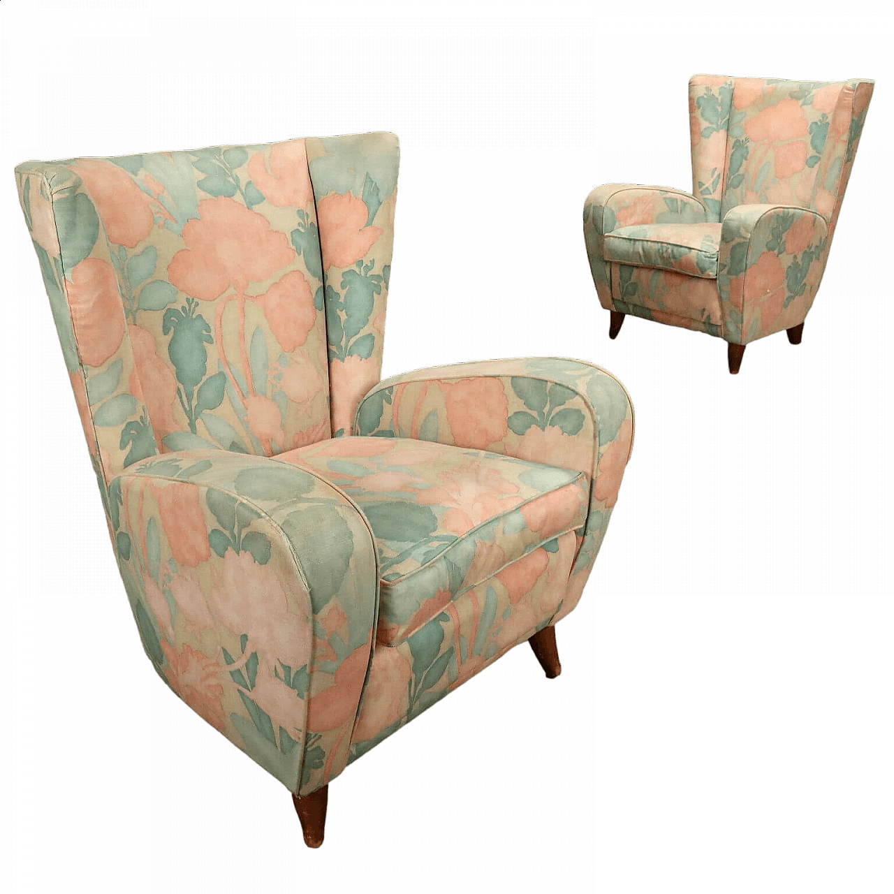 Pair of fabric bergère armchairs, 1950s 11