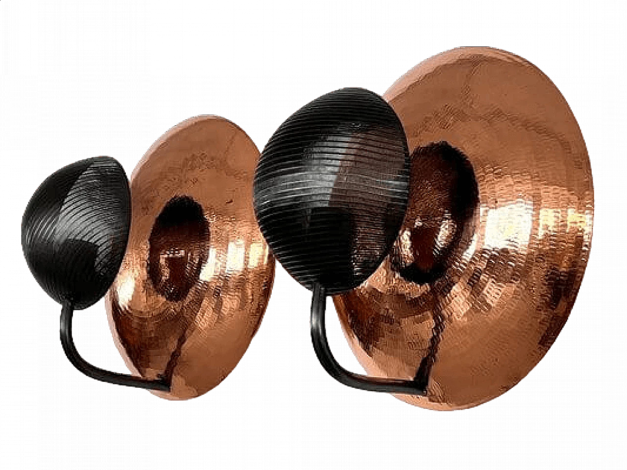 Pair of hammered copper and black perforated metal wall lights, 1970s 17