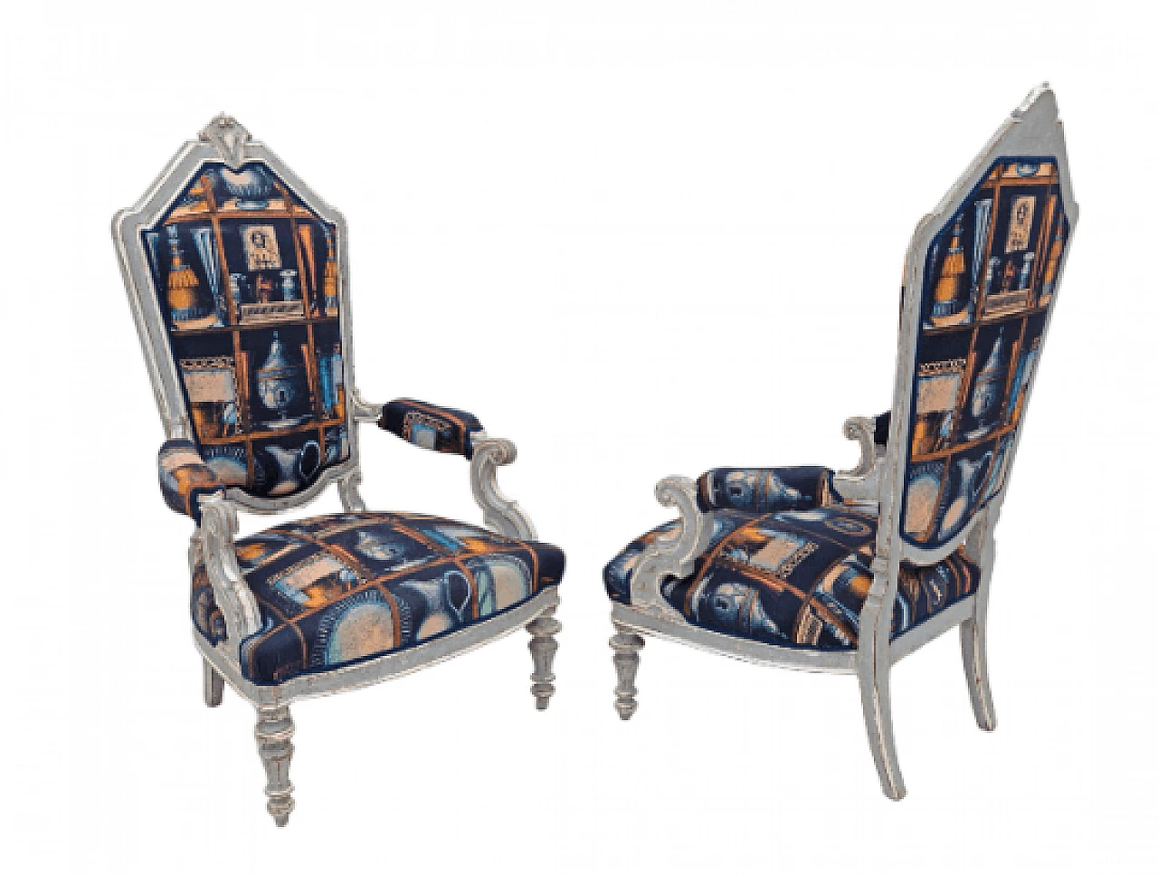 Pair of lacquered wood and Fornasetti fabric armchairs, 1950s 1