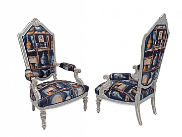 Pair of lacquered wood and Fornasetti fabric armchairs, 1950s